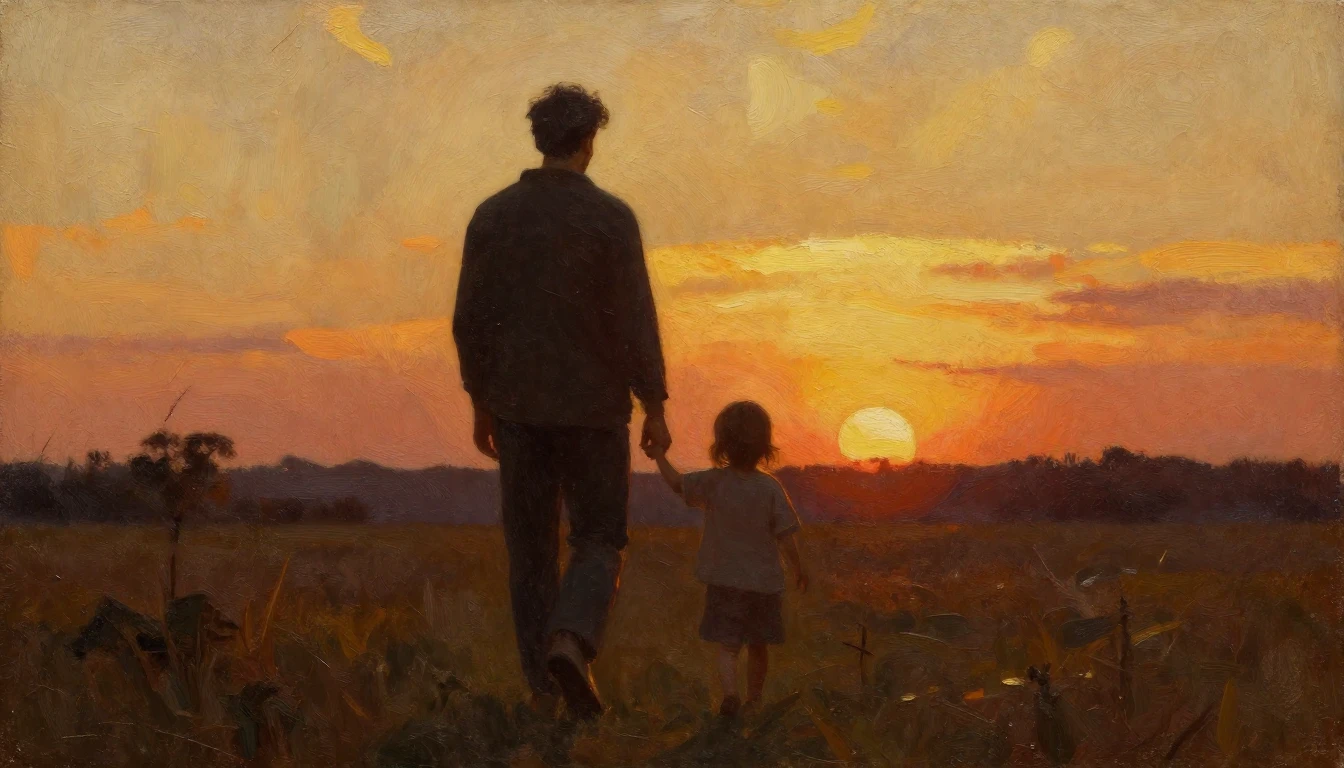 A heartwarming oil painting depicting a silhouette of a fath...