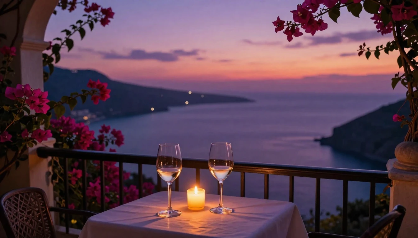 A dreamy evening scene on a balcony overlooking a Mediterran...