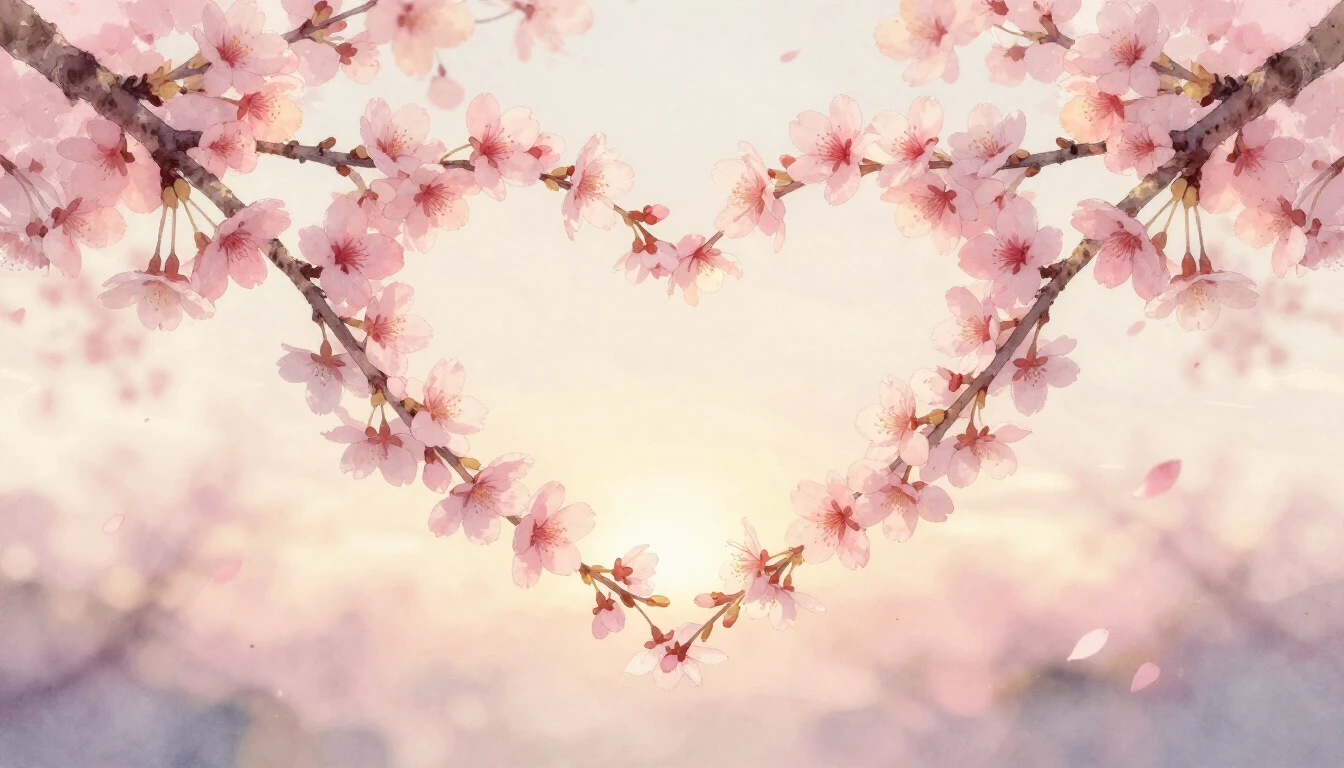 A delicate watercolor painting of two intertwined cherry blo...