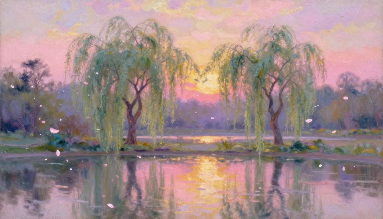 An impressionist painting of a serene garden at sunset. Soft...