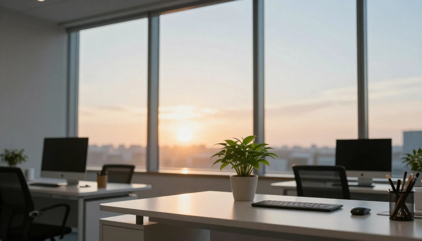 A wide-angle view of a clean, modern workspace overlooking a...
