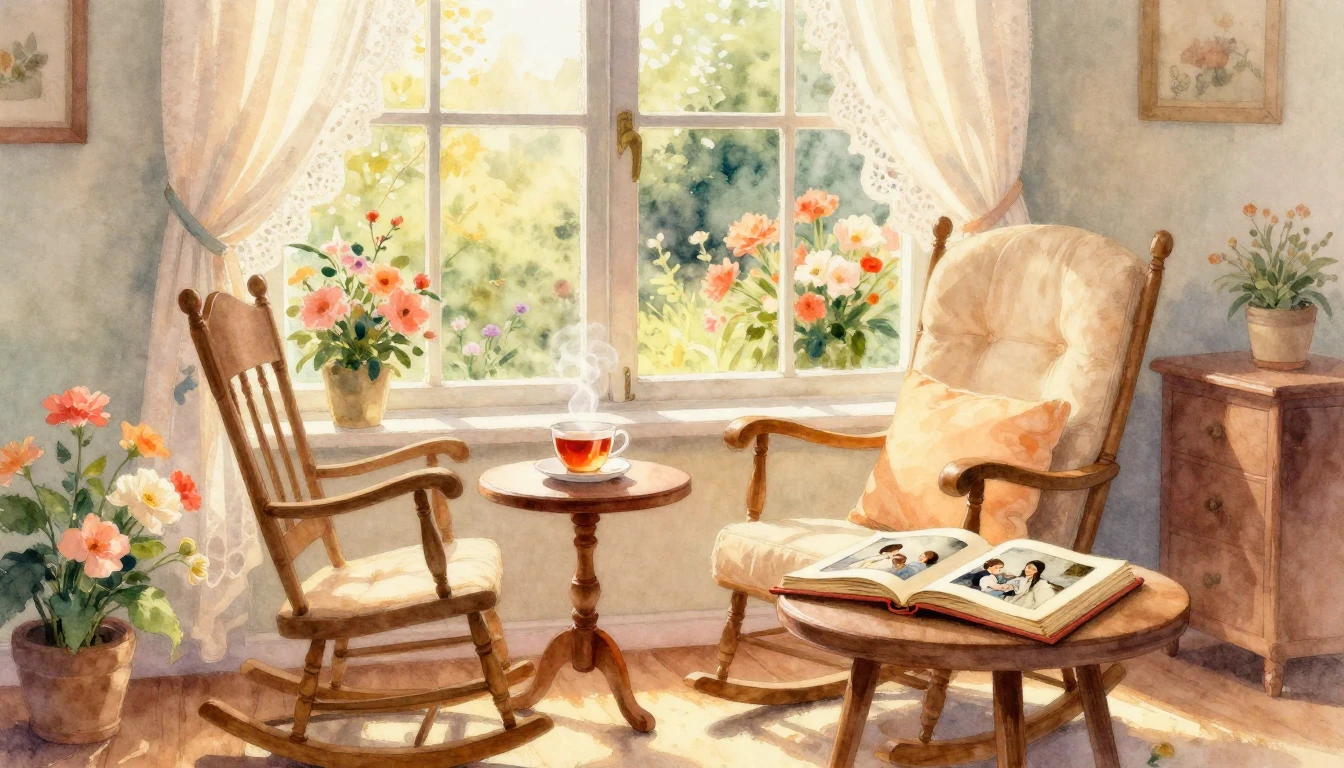 A beautiful watercolor painting of a cozy sunlit living room...