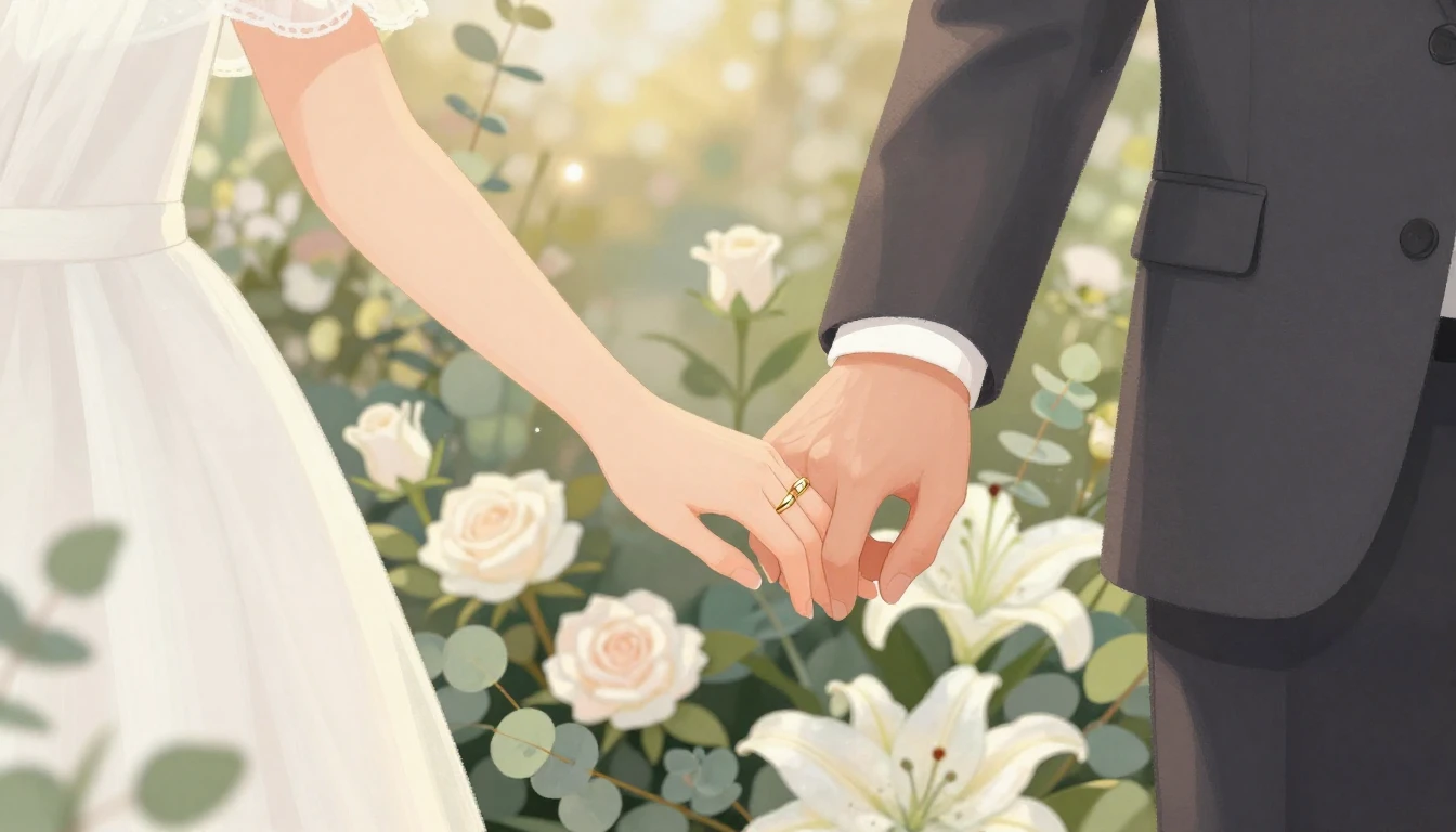 A romantic close-up illustration of a bride and groom holdin...