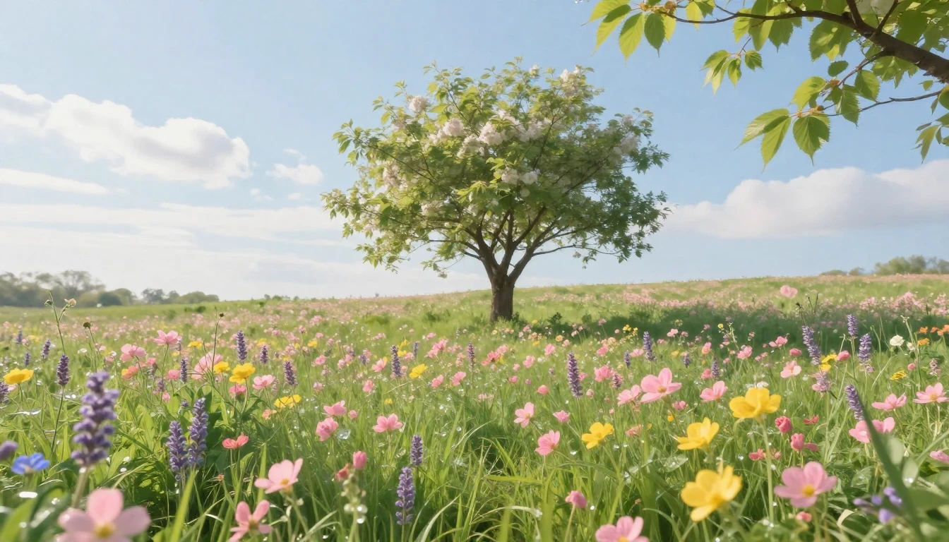 A breathtaking wide-angle view of a sun-drenched meadow fill...