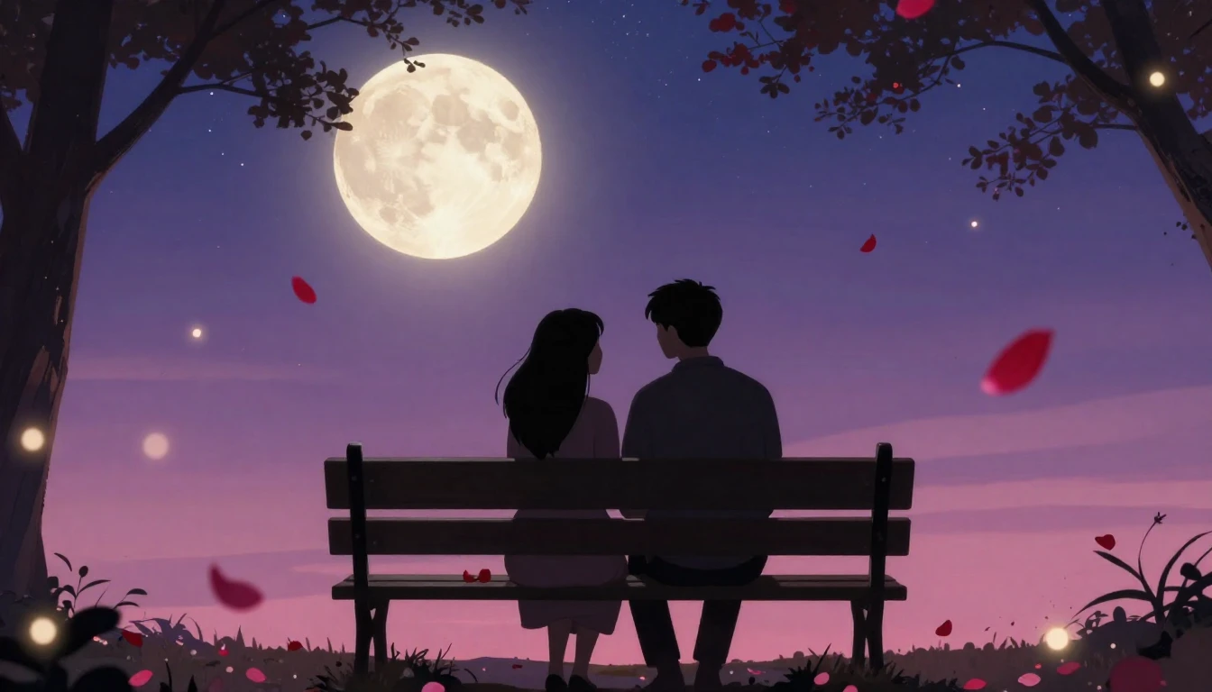 A romantic and dreamy scene featuring two silhouettes of a c...