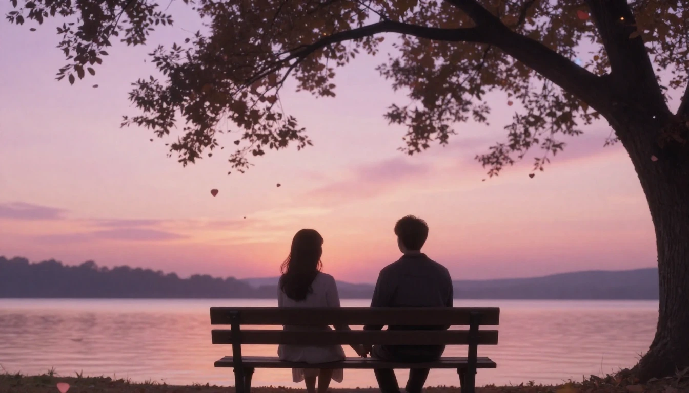 A romantic and soft composition featuring two silhouettes ho...