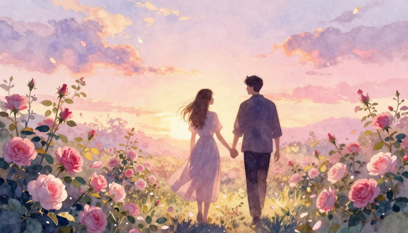 A beautiful watercolor painting of two silhouettes walking h...