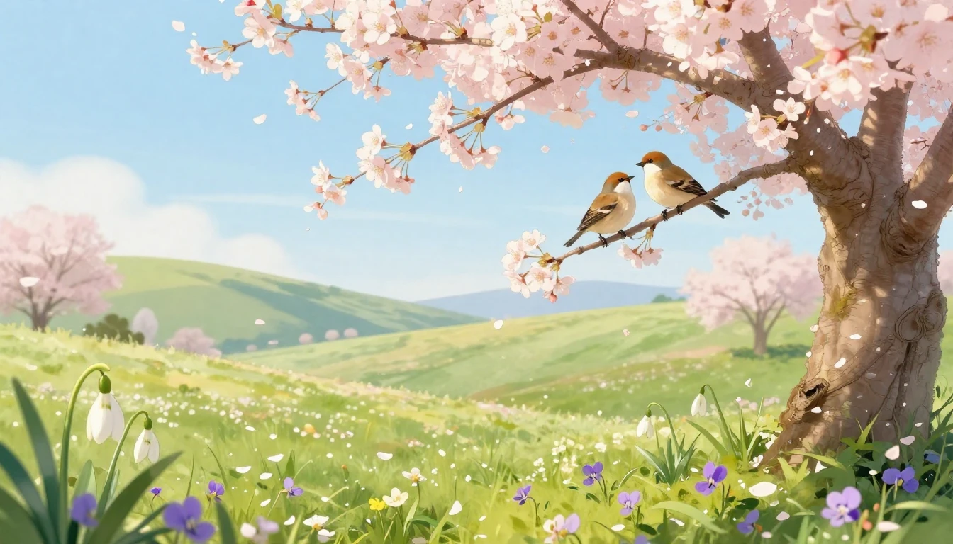 A beautiful spring landscape in the countryside. Two small b...