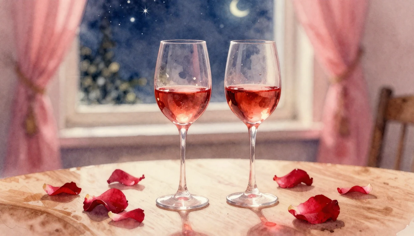 A delicate watercolor painting of two elegant wine glasses s...