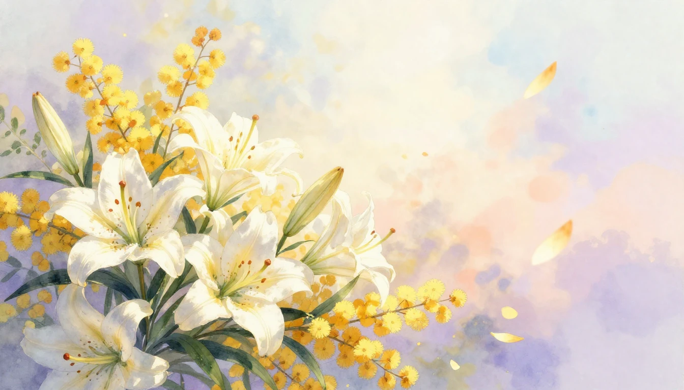 A serene watercolor illustration featuring a delicate arrang...