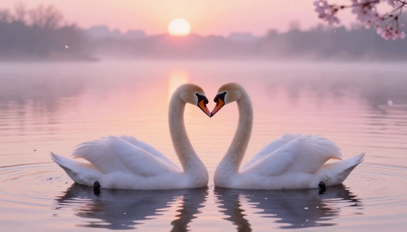A soft and ethereal scene depicting two delicate swans formi...