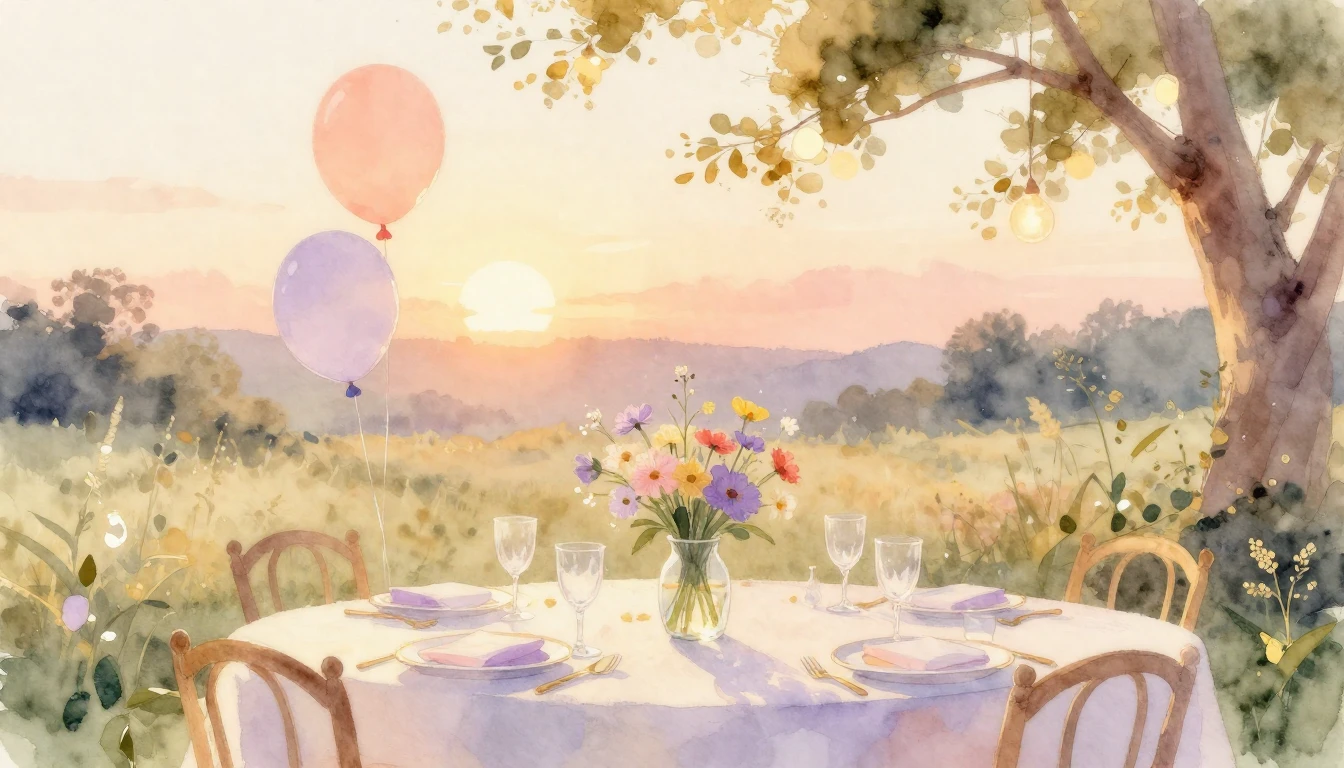 A beautiful watercolor painting of a festive table setting o...