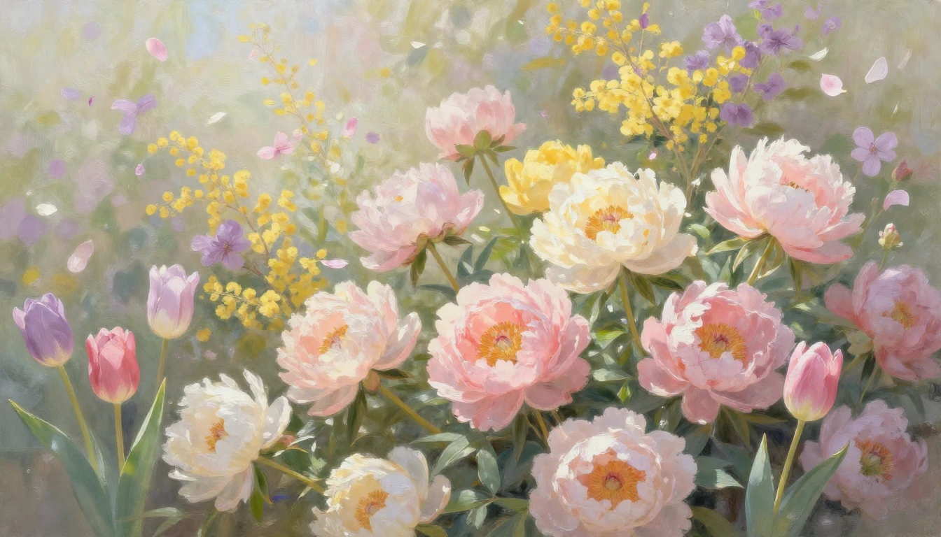 An artistic impressionist painting of a lush spring garden f...