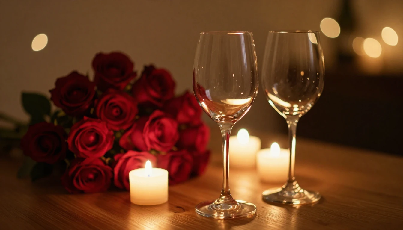 A close-up shot of two elegant wine glasses on a wooden tabl...