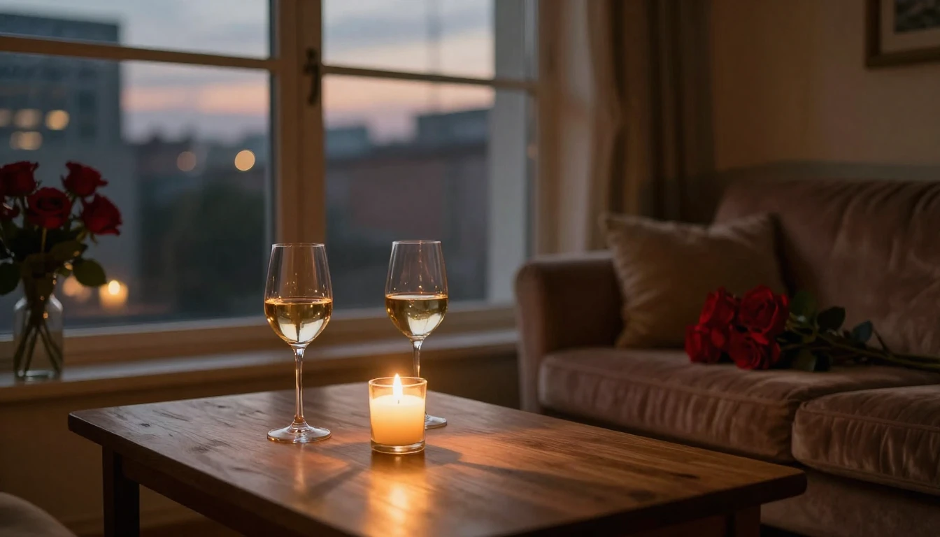 A cozy, dimly lit room with a large window overlooking a cit...