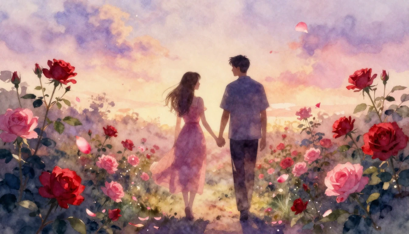 A delicate watercolor painting of two silhouettes walking th...