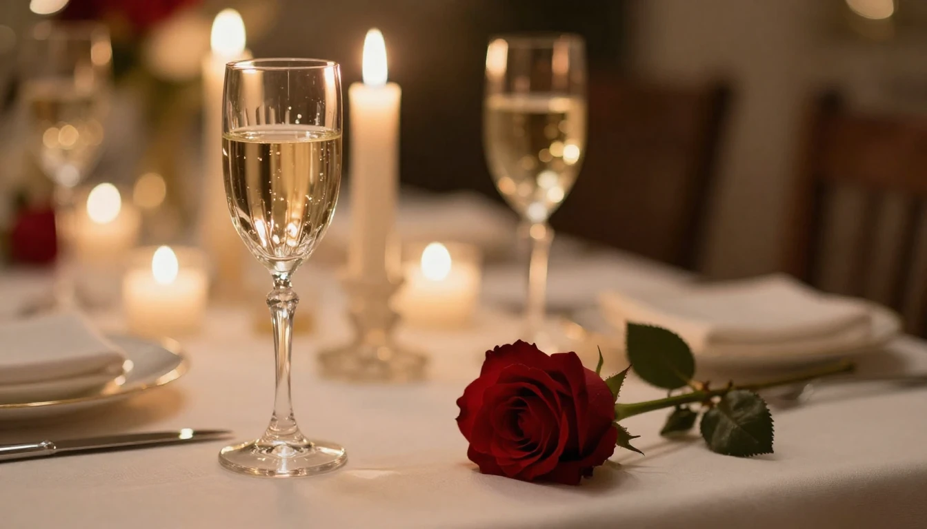 A close-up shot of an elegant dinner table set for two. Two ...