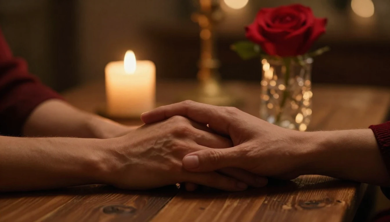 A cinematic close-up shot of two hands holding each other ge...