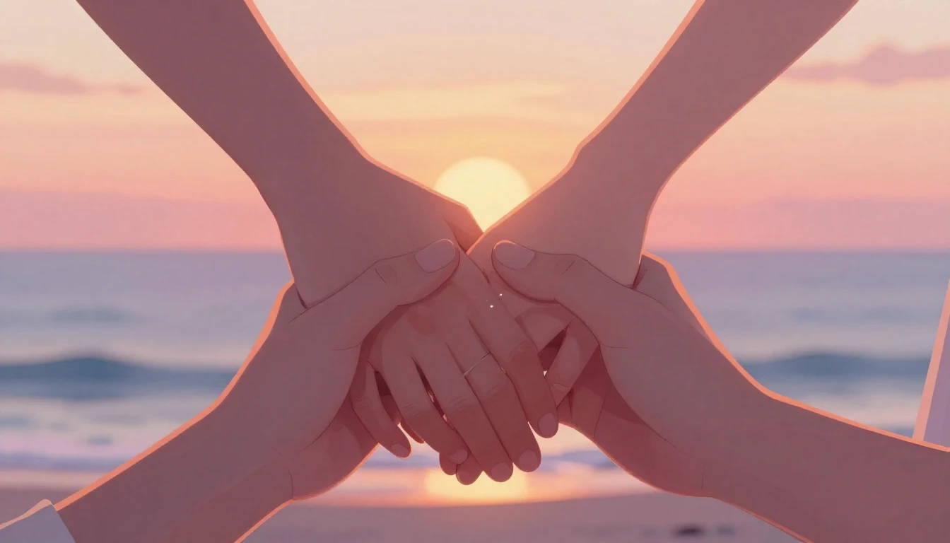 A warm and romantic close-up illustration of two hands gentl...