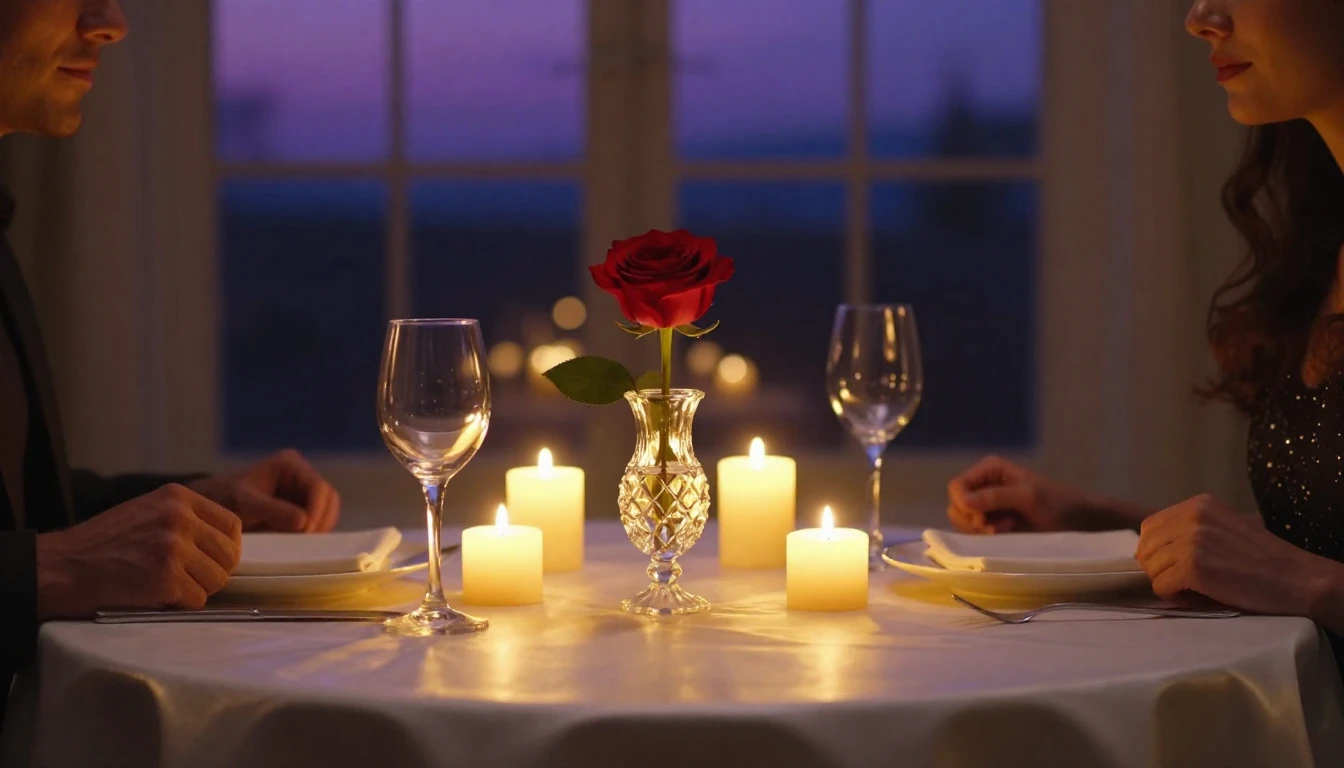 A high-quality cinematic scene of a romantic dinner table se...