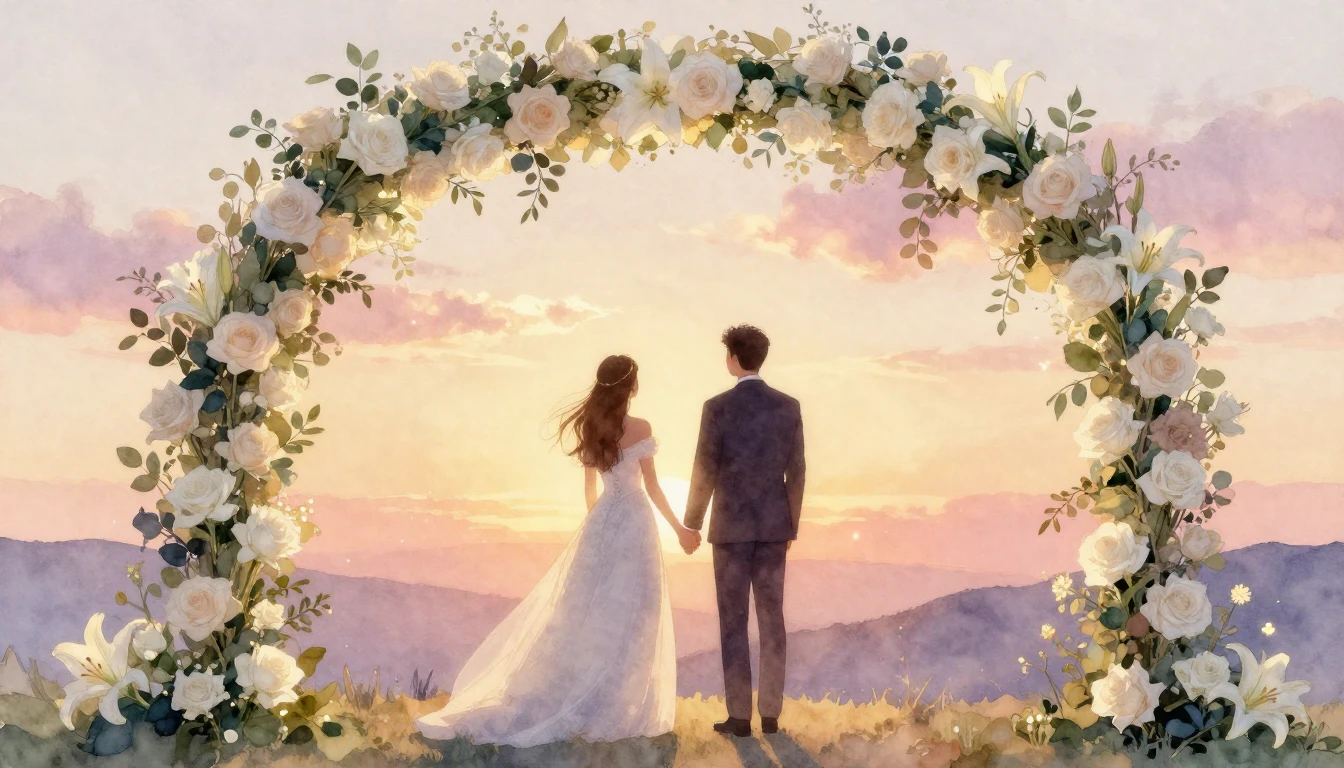 A soft and dreamy watercolor painting of a wedding couple st...