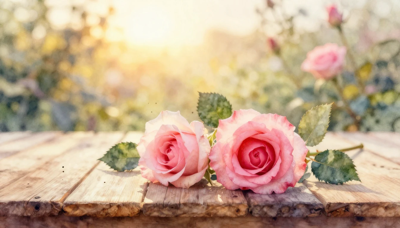 A soft watercolor painting of two delicate pink and red rose...