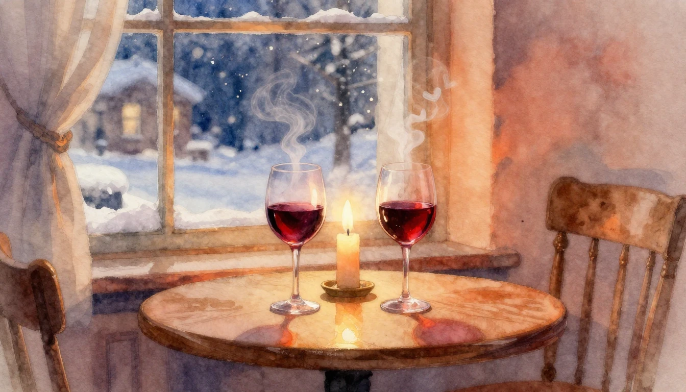 A romantic and cozy indoor scene depicted in soft watercolor...