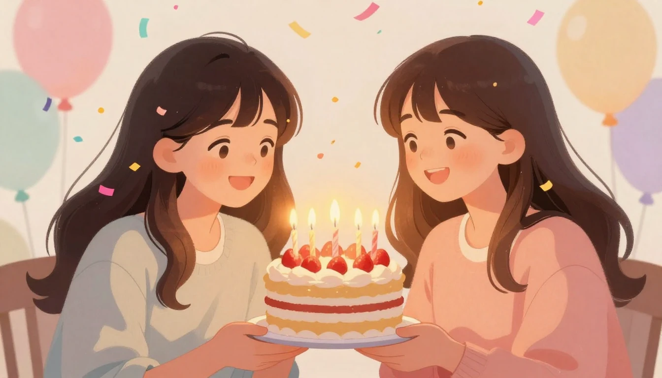 A heartwarming illustration of a birthday celebration, two c...
