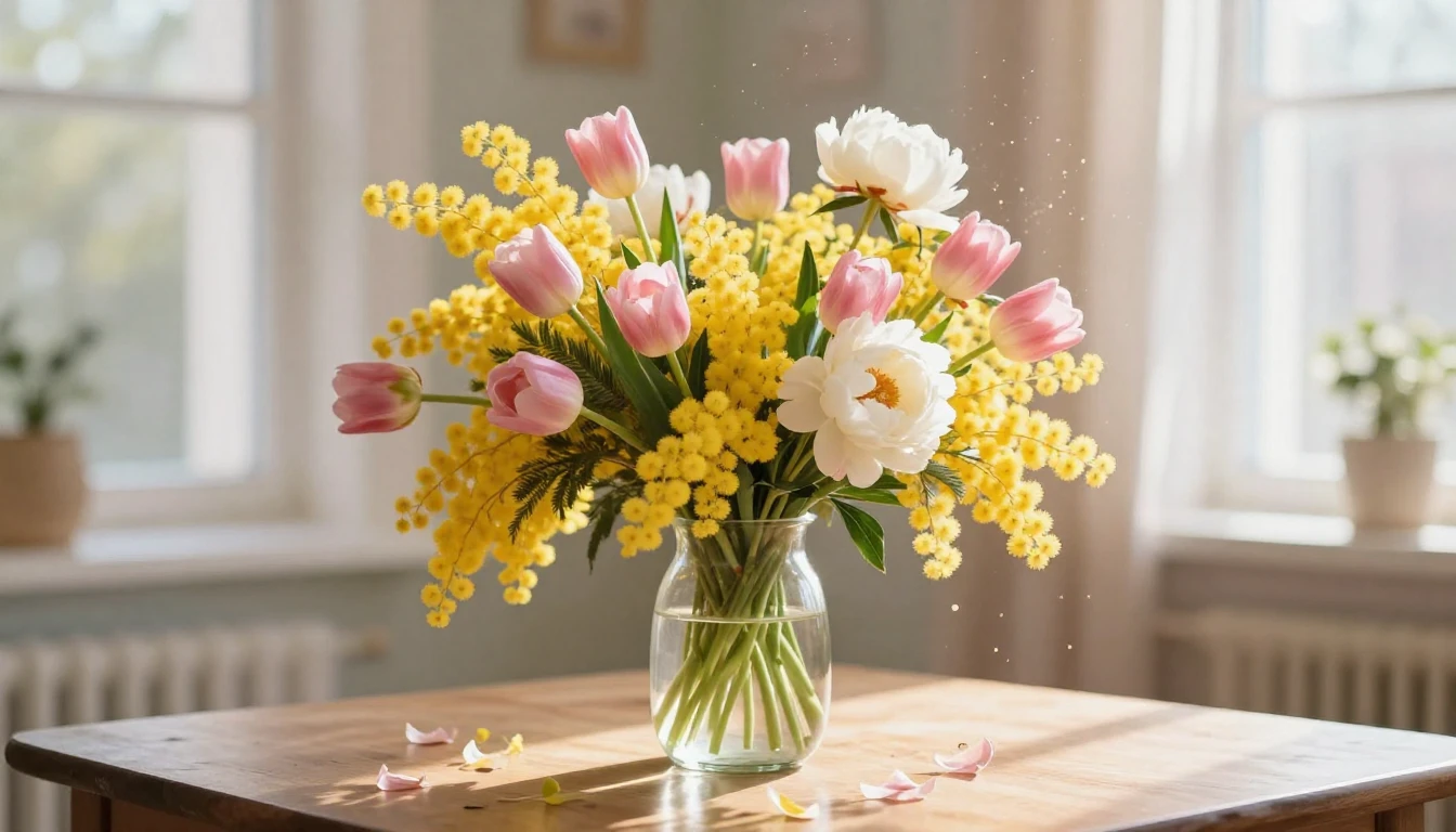 A vibrant and lush bouquet of spring flowers including yello...