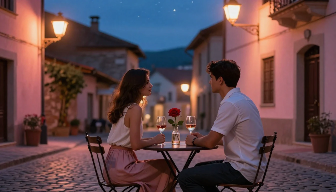 A romantic scene featuring a couple sitting at a small, roun...