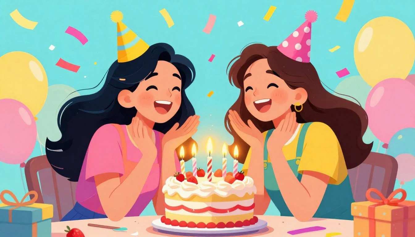 A vibrant illustration of two best friends laughing and cele...