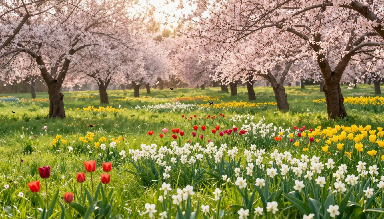A lush, blooming landscape depicting the peak of spring. Vib...