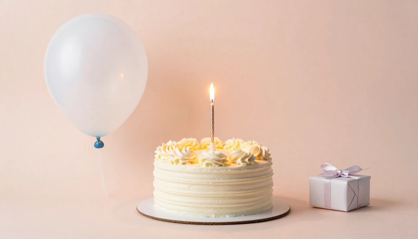 A beautifully arranged birthday cake with a single glowing c...