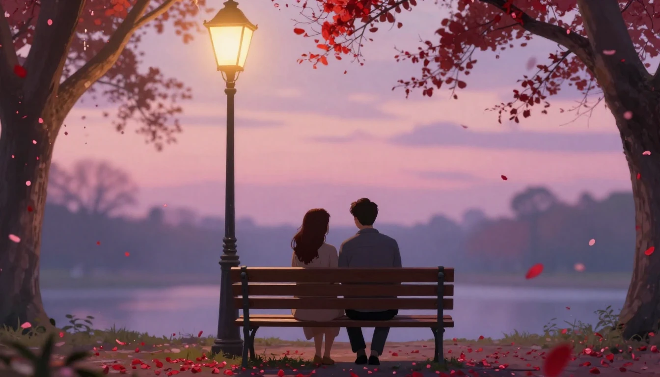 A romantic and soft composition depicting a couple sitting o...