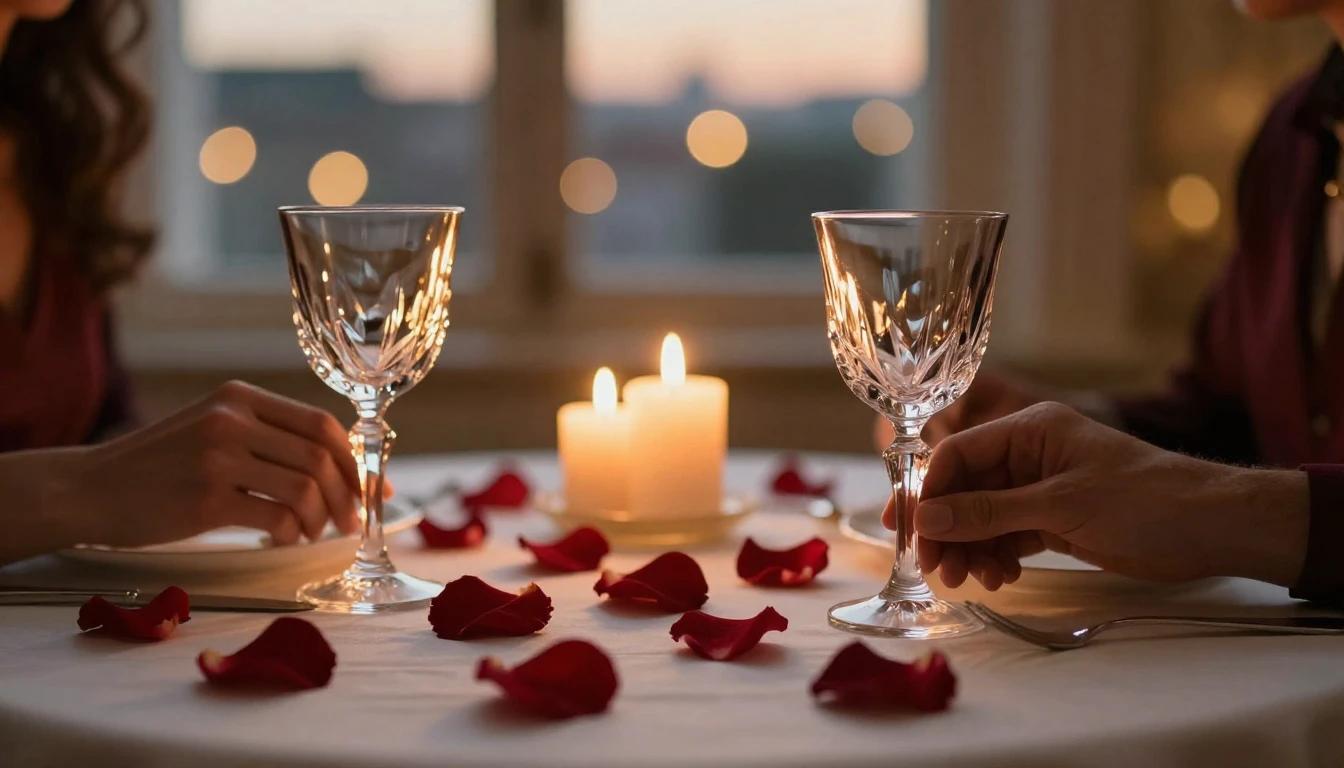 A close-up cinematic shot of a romantic dinner table set for...
