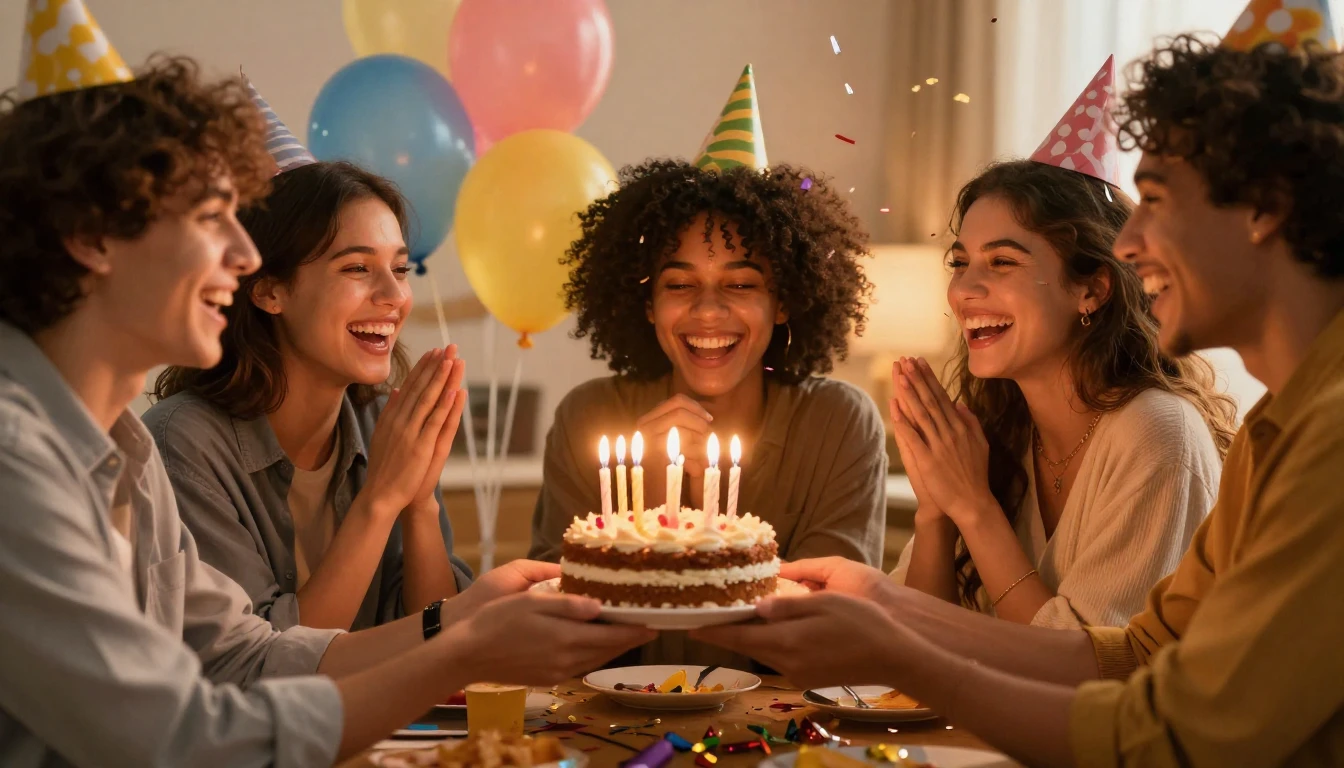 A warm and festive scene celebrating friendship, a group of ...