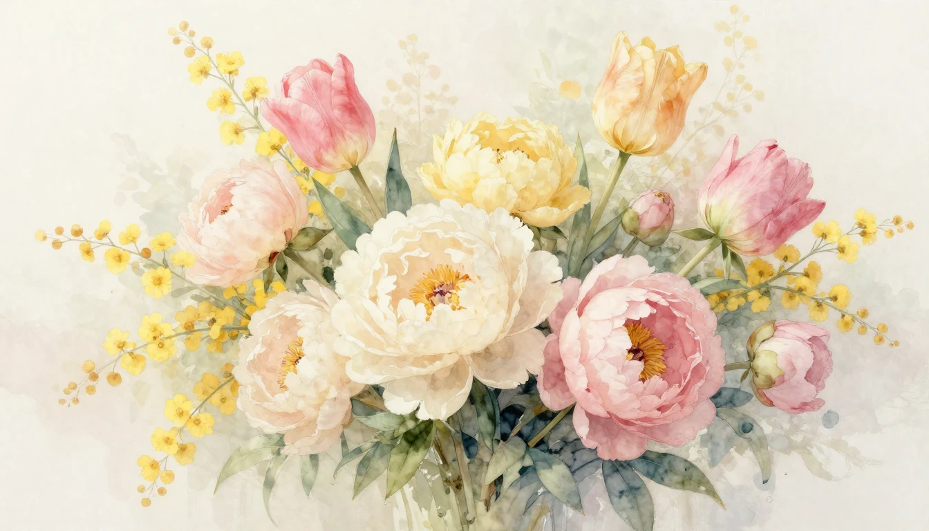 A delicate watercolor painting featuring a lush bouquet of s...