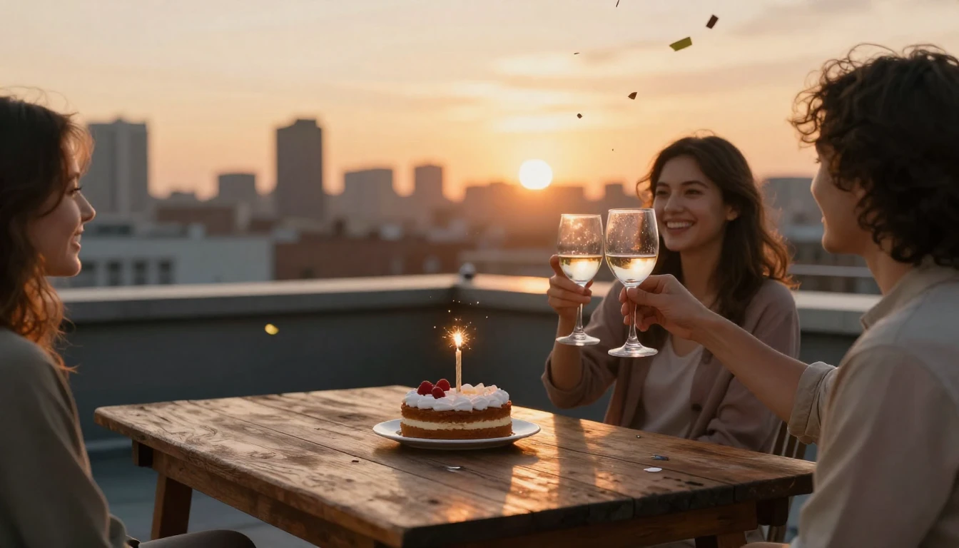 A warm and nostalgic scene of a birthday celebration on a ro...