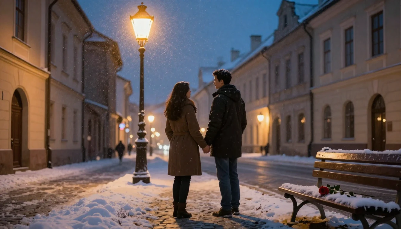 A romantic scene of a couple holding hands under a vintage s...