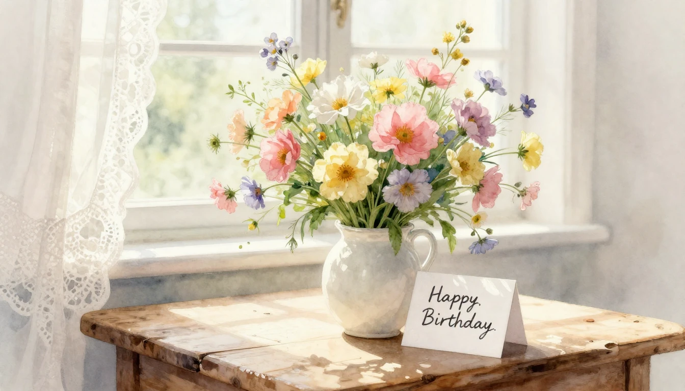 A beautiful, soft watercolor painting of a lush bouquet of p...