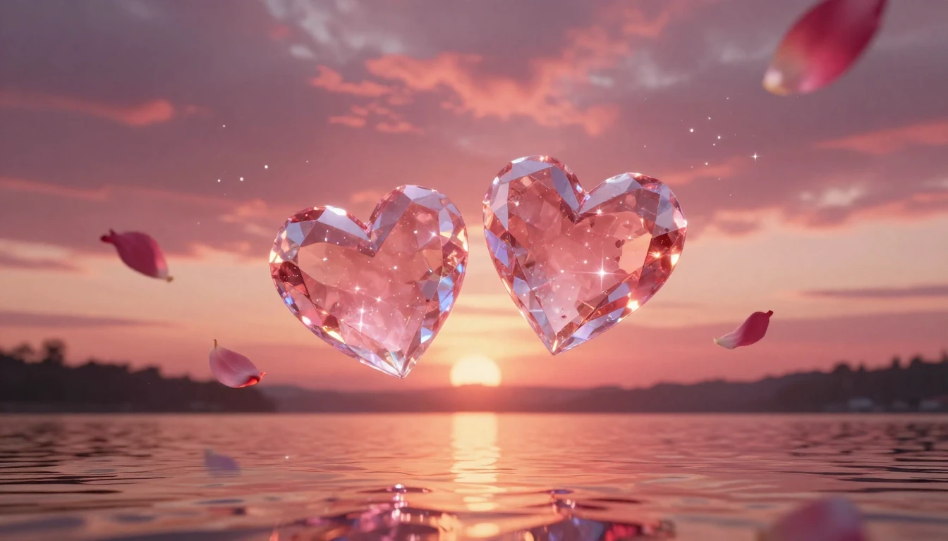A breathtaking scene of two glowing crystalline hearts float...