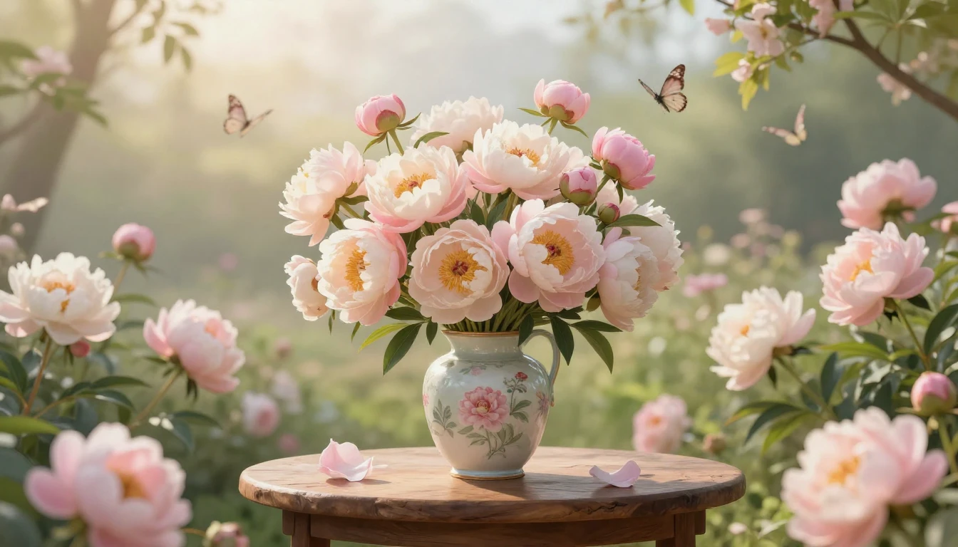 A beautiful and serene garden filled with blooming peonies a...