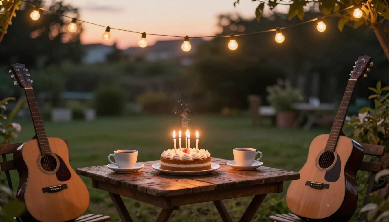 A cozy birthday celebration scene outdoors in a garden with ...