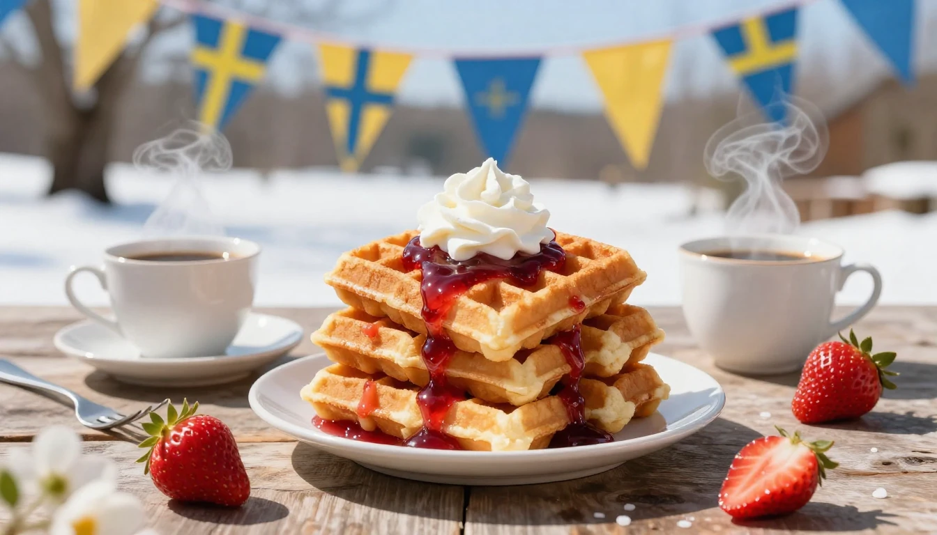 A festive and cheerful scene celebrating Swedish Waffle Day....