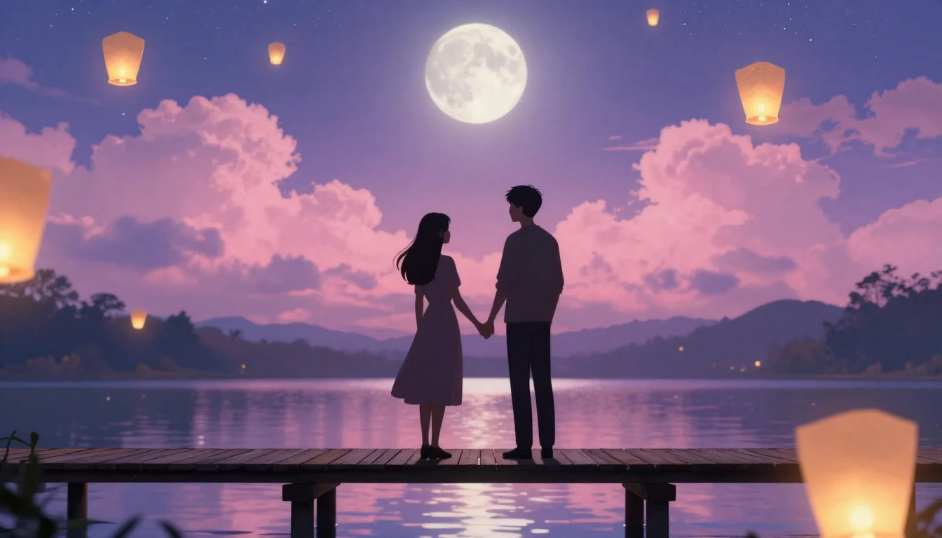 A romantic and dreamy scene featuring two silhouettes holdin...