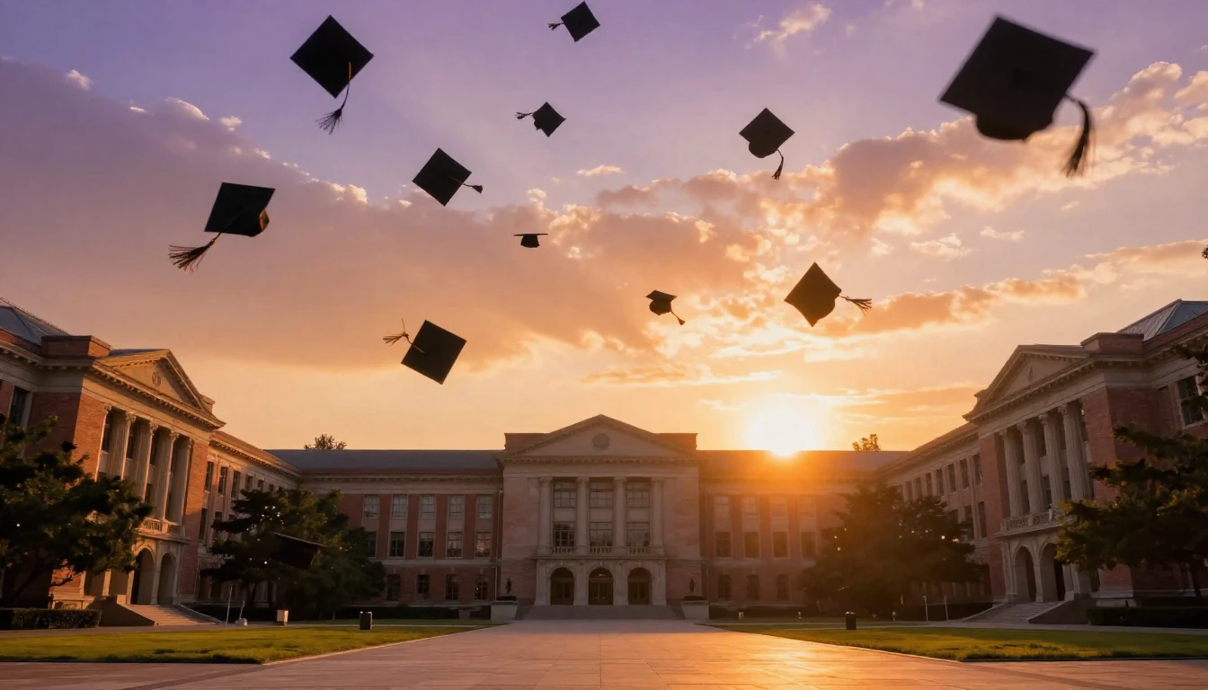A breathtaking cinematic view of a sun-drenched university c...