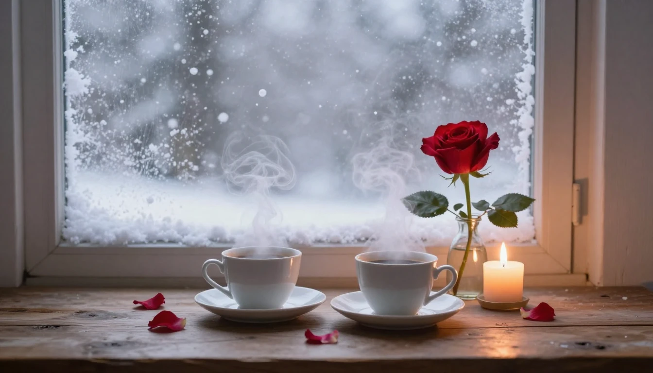 A romantic and cozy scene next to a frosted window with a vi...
