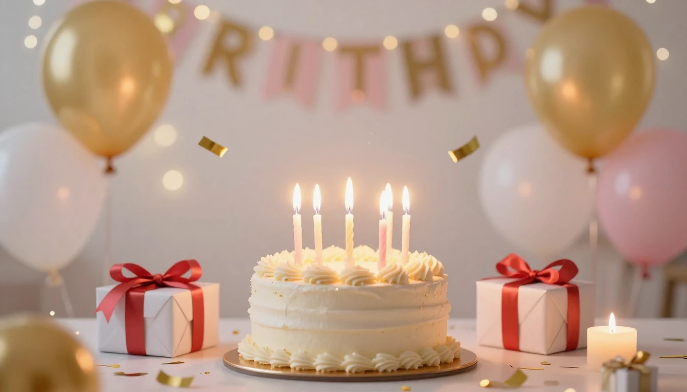 A vibrant and romantic birthday celebration scene. In the ce...