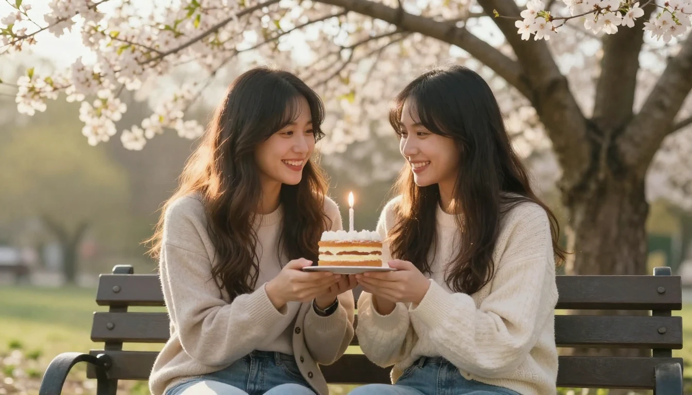 Two best friends sitting on a park bench under a blooming tr...