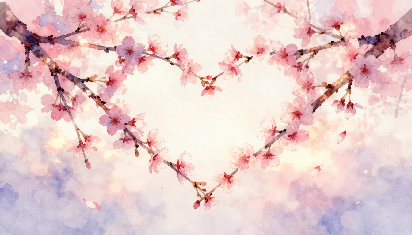 A delicate watercolor painting of two intertwined cherry blo...